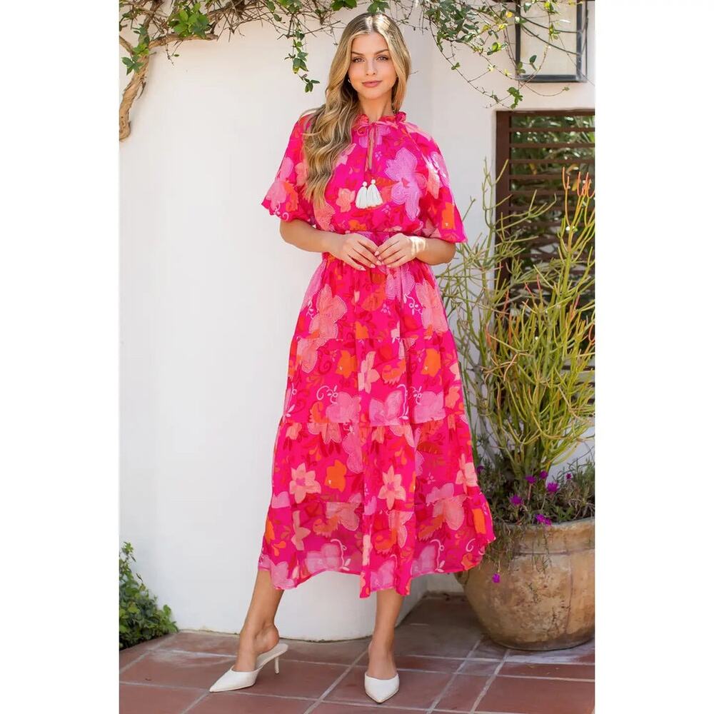 THML Women's Francis Floral Puff Sleeve Tiered Maxi Dress Pink Size L